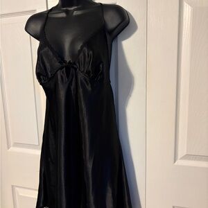 La Vie En Rose Black Satin Chemise with Lace Trim